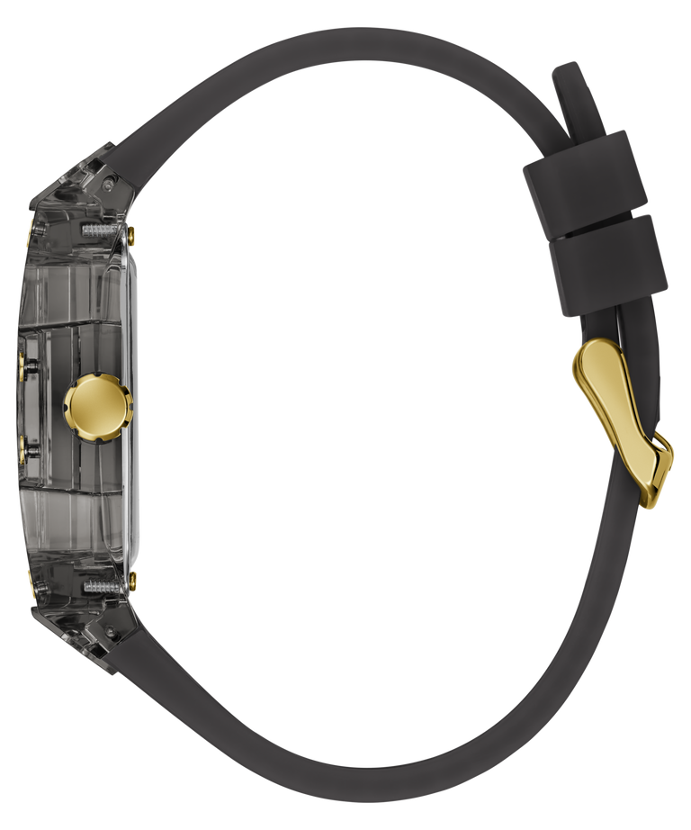 A side profile view of a watch with a transparent case, black silicone strap, and gold-tone accents, including a gold crown button and a gold clasp.