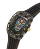 A luxury watch with a transparent black case, gold-tone screws and crown, and a black strap with orange stitching. The dial features a vibrant, colorful sugar skull graphic. lifestyle