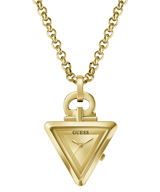 Gold-tone Guess pendant watch necklace featuring the iconic triangle logo pendant on a matching chain, shown against a plain white background.
