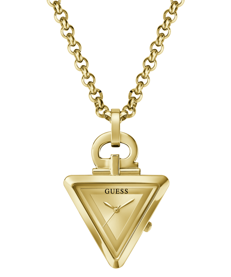 Gold-tone Guess pendant watch necklace featuring the iconic triangle logo pendant on a matching chain, shown against a plain white background.