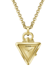 Gold-tone Guess pendant watch necklace featuring the iconic triangle logo pendant on a matching chain, shown against a plain white background.