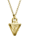 Gold-tone Guess pendant necklace featuring a triangular pendant with the GUESS logo, suspended on a matching chain against a plain white background.