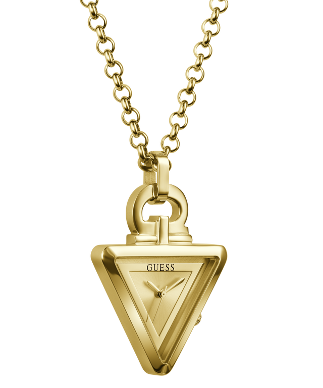 Gold-tone Guess pendant necklace featuring a triangular pendant with the GUESS logo, suspended on a matching chain against a plain white background.