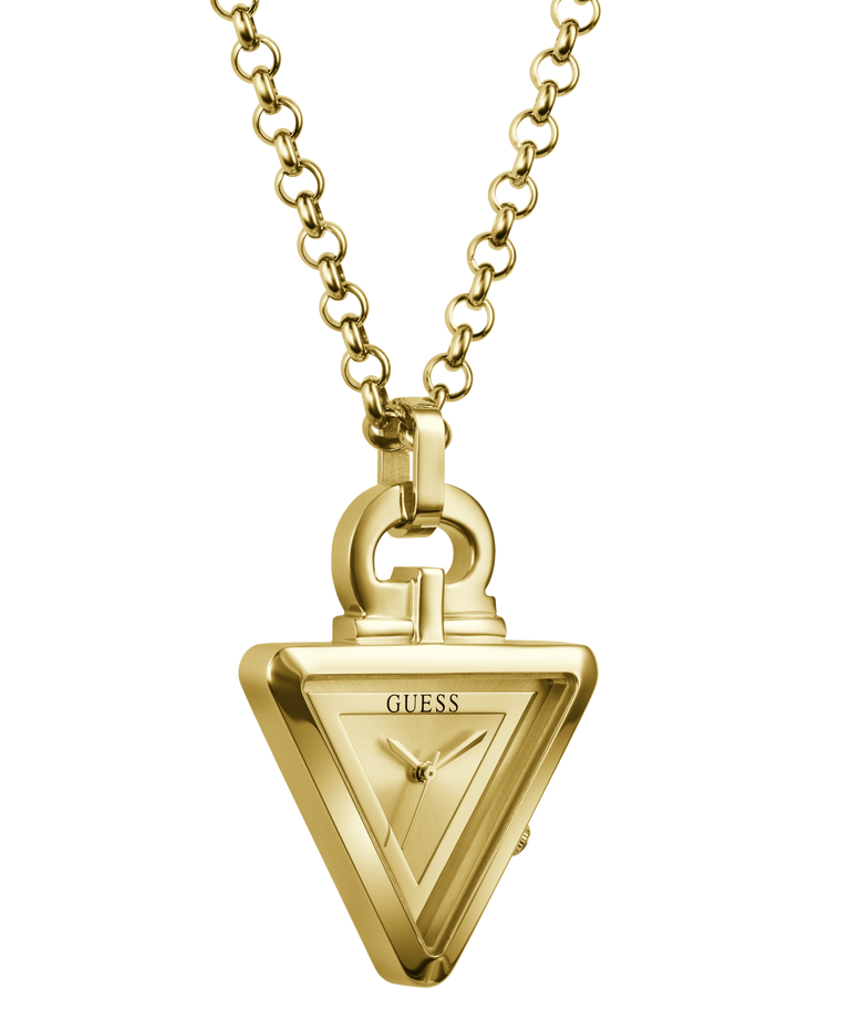 Gold-tone Guess pendant necklace featuring a triangular pendant with the GUESS logo, suspended on a matching chain against a plain white background.