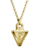 Gold-tone Guess pendant necklace featuring a triangular pendant with the GUESS logo, suspended on a matching chain against a plain white background.