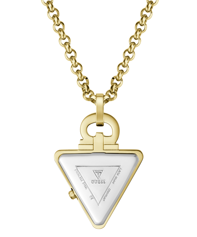 Gold-tone Guess triangle pendant necklace with a silver-tone center insert, shown on a white background.