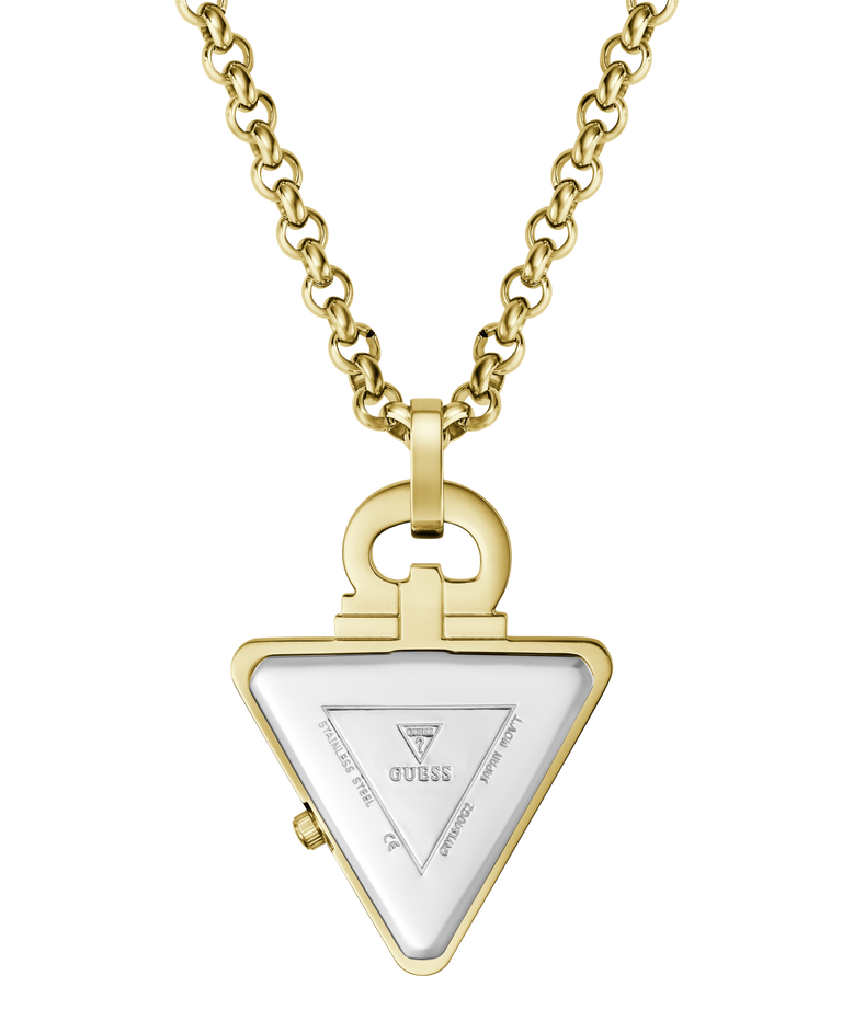 Gold-tone Guess triangle pendant necklace with a silver-tone center insert, shown on a white background.