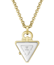 Gold-tone Guess triangle pendant necklace with a silver-tone center insert, shown on a white background.