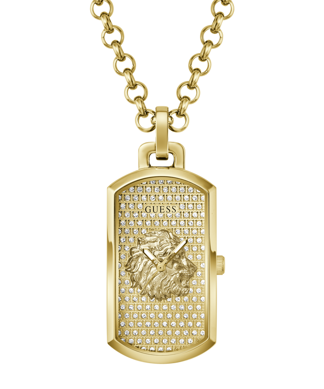 Gold-tone rectangular pendant necklace with a lion head centerpiece, surrounded by pavé-set clear stones, shown on a white background with a gold chain.