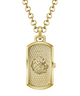 Gold-tone rectangular pendant necklace with a lion head centerpiece, surrounded by pavé-set clear stones, shown on a white background with a gold chain.
