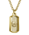 Gold-tone dog tag pendant necklace with a lion motif and pavé crystal detailing, shown on a white background.