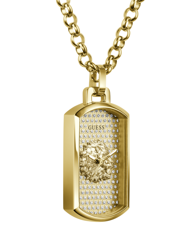 Gold-tone dog tag pendant necklace with a lion motif and pavé crystal detailing, shown on a white background.