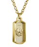 Gold-tone dog tag pendant necklace with a lion motif and pavé crystal detailing, shown on a white background.