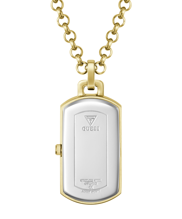 A gold and silver-tone dog tag pendant necklace on a white background. The pendant features the 'GUESS' brand logo engraved in the center, and the chain is a classic gold link style.