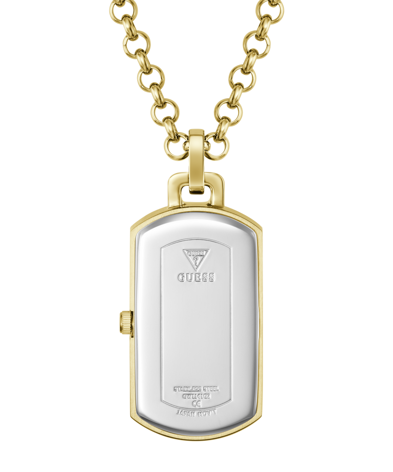 A gold and silver-tone dog tag pendant necklace on a white background. The pendant features the 'GUESS' brand logo engraved in the center, and the chain is a classic gold link style.