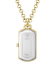 A gold and silver-tone dog tag pendant necklace on a white background. The pendant features the 'GUESS' brand logo engraved in the center, and the chain is a classic gold link style.