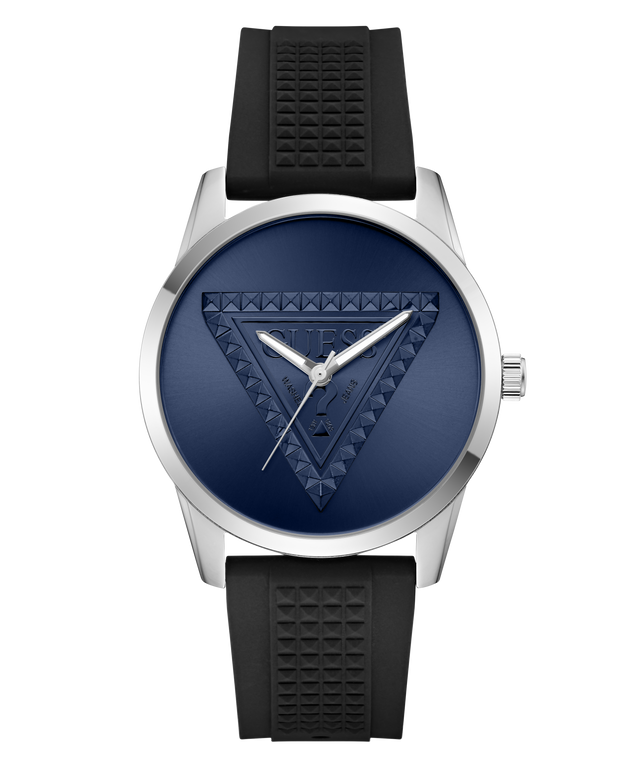 A wrist watch with a silver-tone case, a textured dark blue dial featuring a geometric triangle design, and a black textured silicone strap, shown against a plain white background.