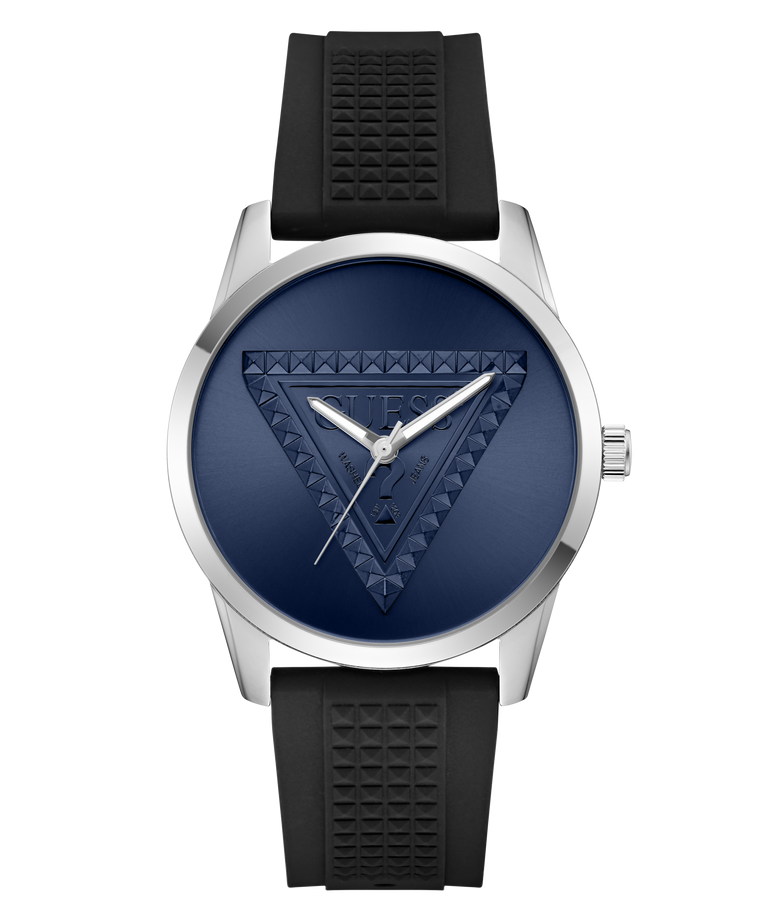 A wrist watch with a silver-tone case, a textured dark blue dial featuring a geometric triangle design, and a black textured silicone strap, shown against a plain white background.