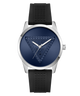 A wrist watch with a silver-tone case, a textured dark blue dial featuring a geometric triangle design, and a black textured silicone strap, shown against a plain white background.