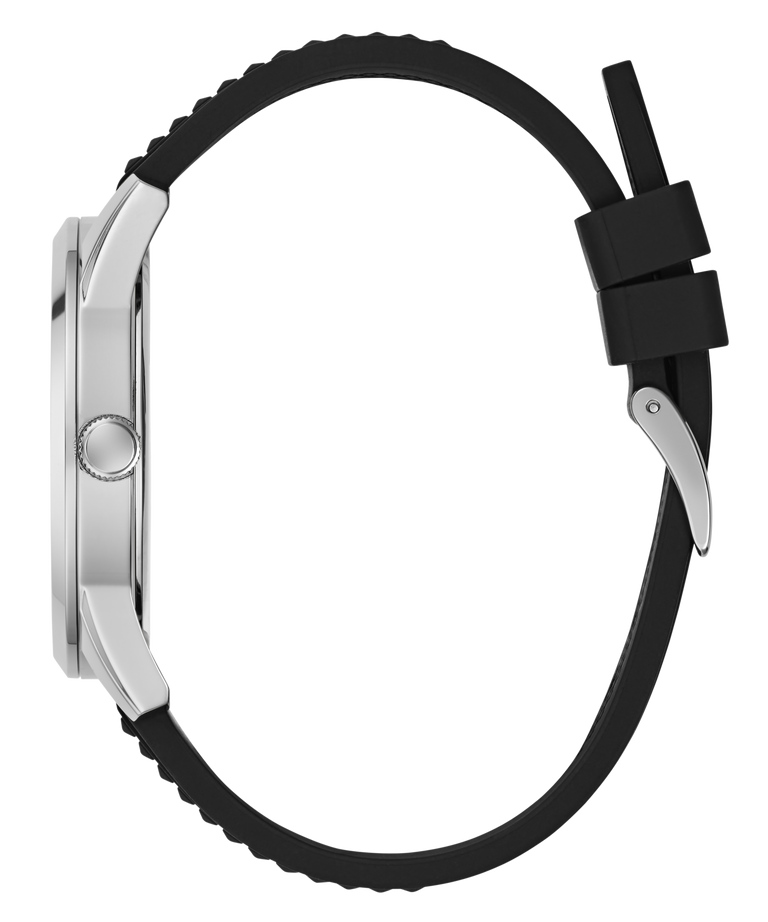 Side profile of a smartwatch with a silver metallic case and a black textured silicone strap, shown on a plain white background.