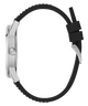 Side profile of a smartwatch with a silver metallic case and a black textured silicone strap, shown on a plain white background.