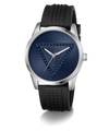 A wristwatch with a silver-tone case, a textured dark blue dial featuring a geometric triangle pattern, and a black textured silicone strap, shown on a white background.