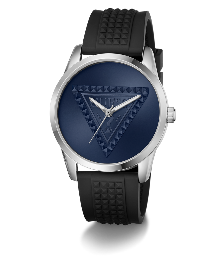 A wristwatch with a silver-tone case, a textured dark blue dial featuring a geometric triangle pattern, and a black textured silicone strap, shown on a white background.