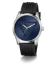 A wristwatch with a silver-tone case, a textured dark blue dial featuring a geometric triangle pattern, and a black textured silicone strap, shown on a white background.
