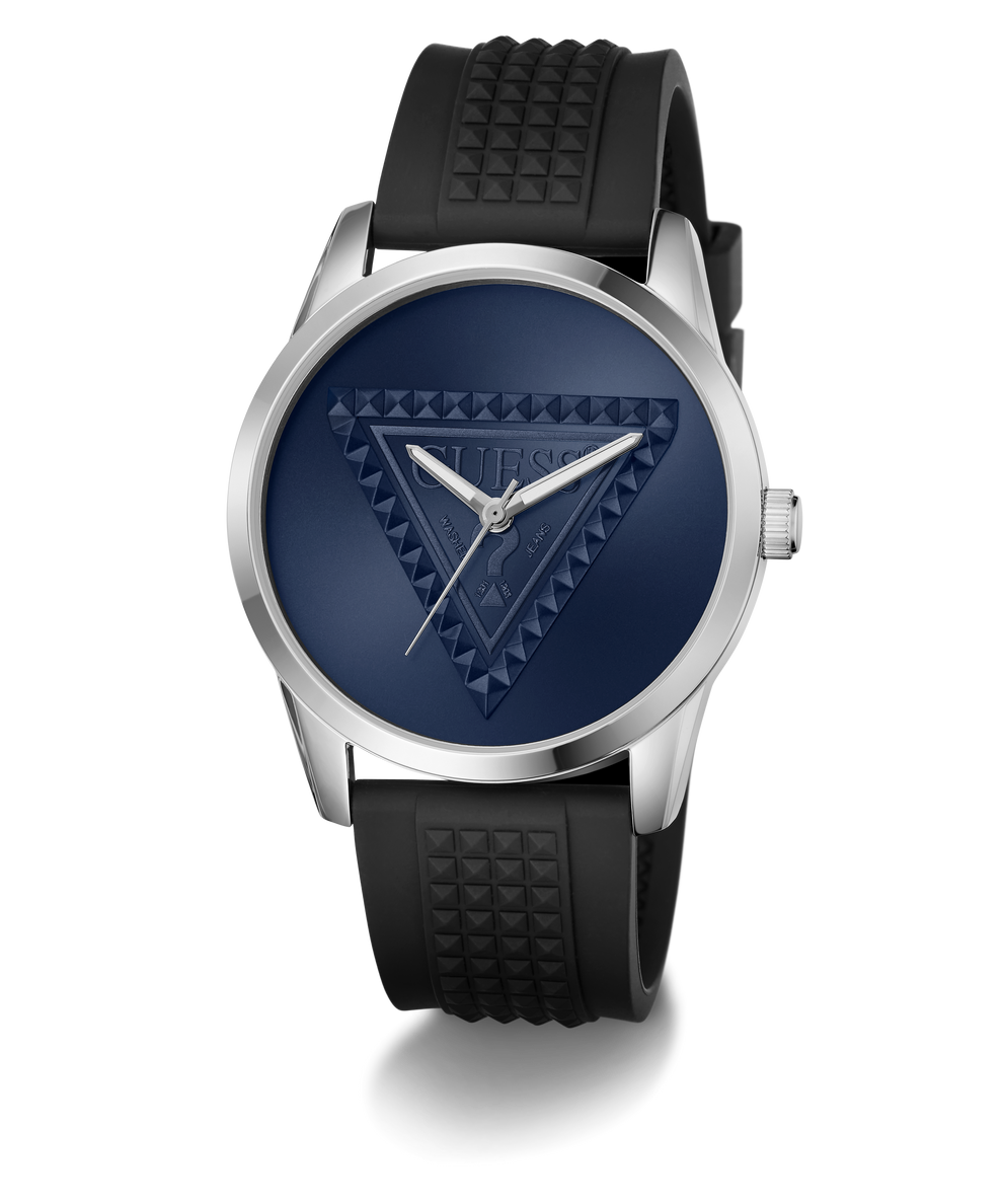 A wristwatch with a silver-tone case, a textured dark blue dial featuring a geometric triangle pattern, and a black textured silicone strap, shown on a white background.