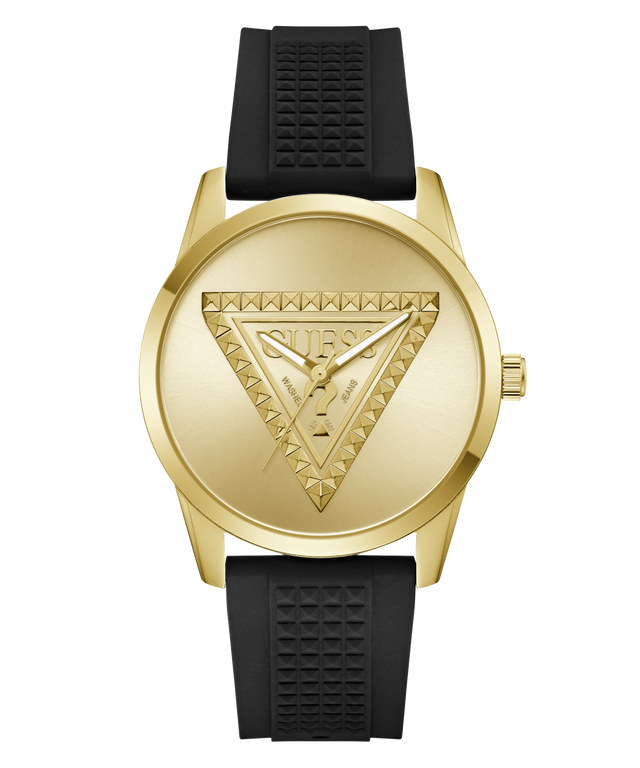 A gold-tone wristwatch with a black textured strap, featuring the Guess brand logo in a triangular design on the dial.