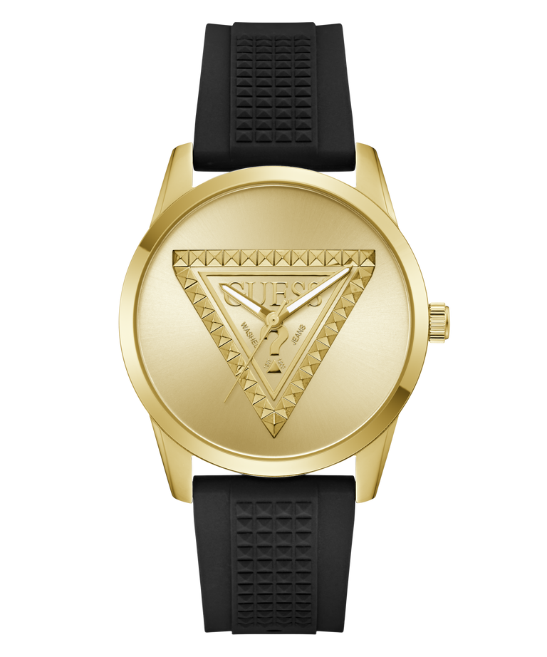 A gold-tone wristwatch with a black textured strap, featuring the Guess brand logo in a triangular design on the dial.