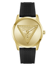 A gold-tone wristwatch with a black textured strap, featuring the Guess brand logo in a triangular design on the dial.