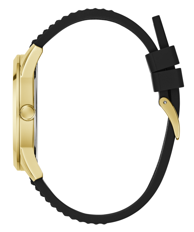 Side profile of a watch with a gold-tone case and a black textured silicone strap, shown on a plain white background.