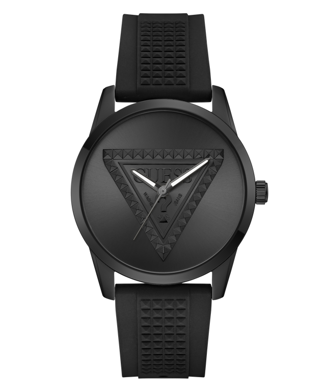 A black analog watch with a textured silicone strap, a round black case, and a geometric triangle dial design with silver hands.