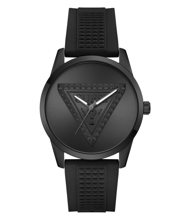 A black analog watch with a textured silicone strap, a round black case, and a geometric triangle dial design with silver hands.