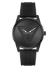 A black analog watch with a textured silicone strap, a round black case, and a geometric triangle dial design with silver hands.