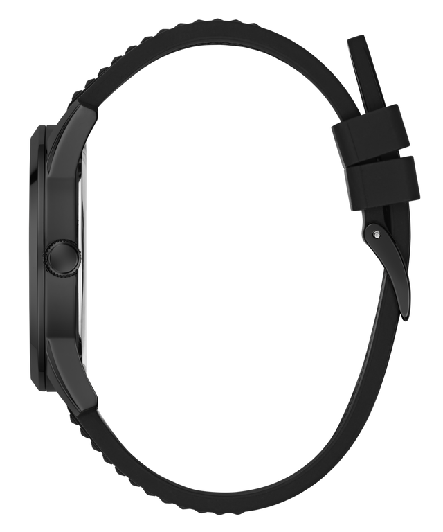 A close-up side profile of a black smartwatch with a matte black case and a matching black textured silicone strap, featuring a unique buckle closure, set against a solid white background.