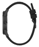 A close-up side profile of a black smartwatch with a matte black case and a matching black textured silicone strap, featuring a unique buckle closure, set against a solid white background.