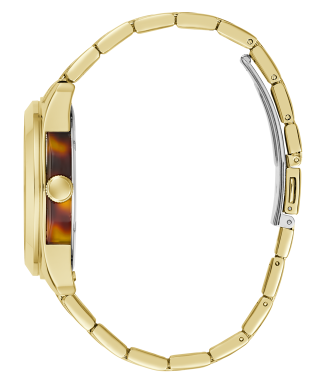 A close-up side view of a wristwatch with a gold-tone metal link bracelet, a round gold-tone case, and a tortoiseshell-patterned dial on a plain white background.
