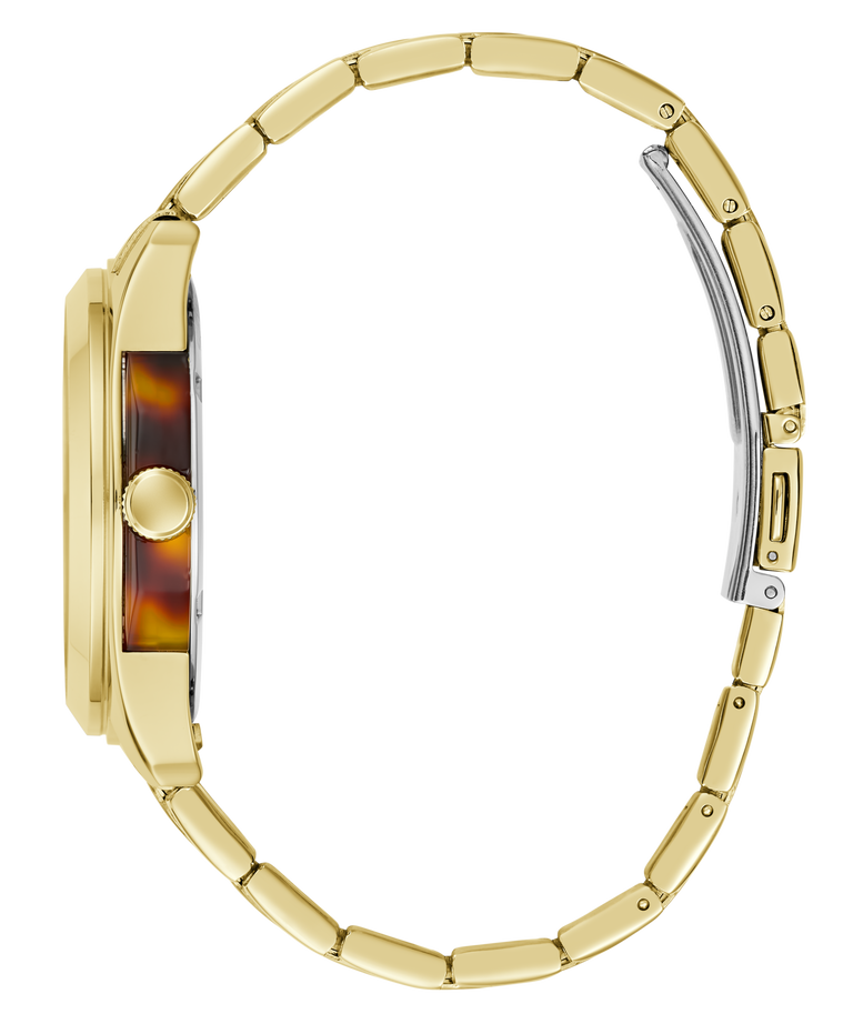 A close-up side view of a wristwatch with a gold-tone metal link bracelet, a round gold-tone case, and a tortoiseshell-patterned dial on a plain white background.