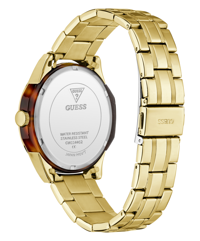 Gold-tone stainless steel watch band with a matching round case, shown from the back on a white background. The back cover is silver-toned with GUESS branding, and the side crown is visible.