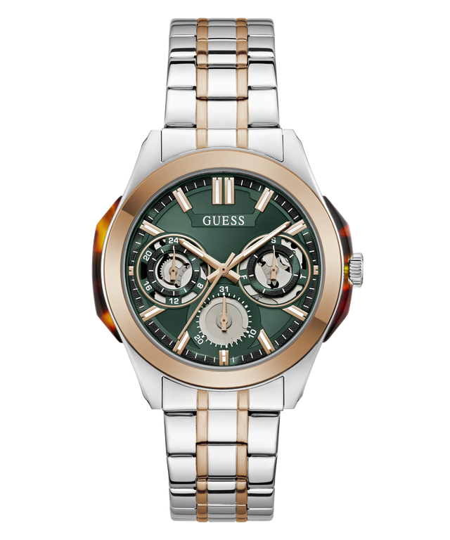 A GUESS men's analog watch with a two-tone silver and rose gold stainless steel link bracelet, a green dial with three sub-dials, and a rose gold bezel, shown on a plain white background.