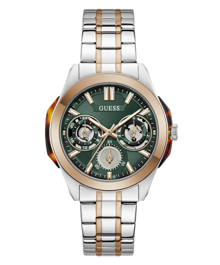 A GUESS men's analog watch with a two-tone silver and rose gold stainless steel link bracelet, a green dial with three sub-dials, and a rose gold bezel, shown on a plain white background.