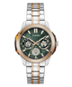 A GUESS men's analog watch with a two-tone silver and rose gold stainless steel link bracelet, a green dial with three sub-dials, and a rose gold bezel, shown on a plain white background.