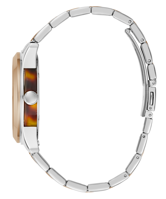 Side profile of a wristwatch with a silver metal link bracelet, a round silver case, and a brown tortoiseshell dial on a plain white background.