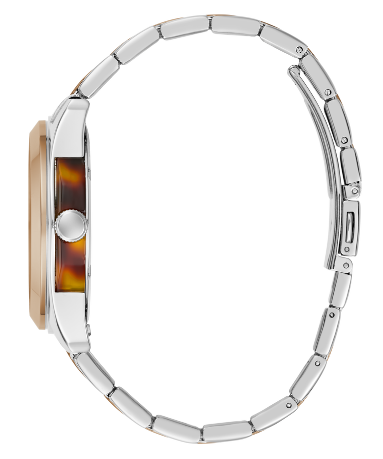 Side profile of a wristwatch with a silver metal link bracelet, a round silver case, and a brown tortoiseshell dial on a plain white background.