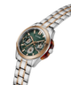 A Guess wrist watch with a two-tone silver and rose gold metal link bracelet, a green dial with three subdials, and a rose gold bezel, shown on a plain white background. lifestyle