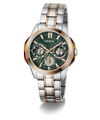A GUESS men's analog watch with a two-tone silver and rose gold stainless steel link bracelet, a green dial with three sub-dials, and a rose gold bezel, shown on a white background with a soft shadow.