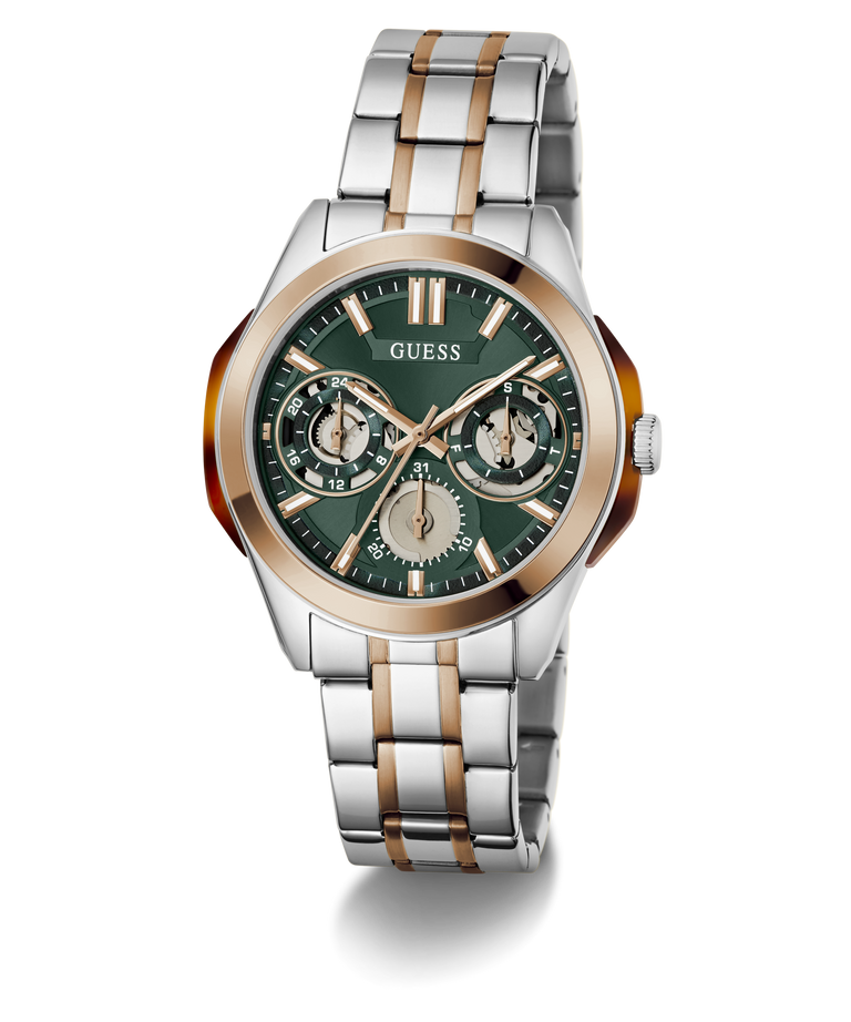 A GUESS men's analog watch with a two-tone silver and rose gold stainless steel link bracelet, a green dial with three sub-dials, and a rose gold bezel, shown on a white background with a soft shadow.