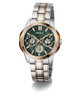 A GUESS men's analog watch with a two-tone silver and rose gold stainless steel link bracelet, a green dial with three sub-dials, and a rose gold bezel, shown on a white background with a soft shadow.